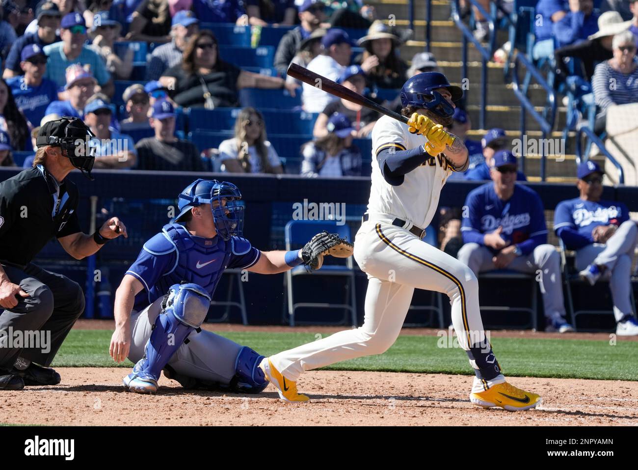 Milwaukee Brewers' Garrett Mitchell hits his second two-run home run during  the fifth inning of a spring training baseball game against the Los Angeles  Dodgers Saturday, Feb. 25, 2023, in Phoenix. (AP