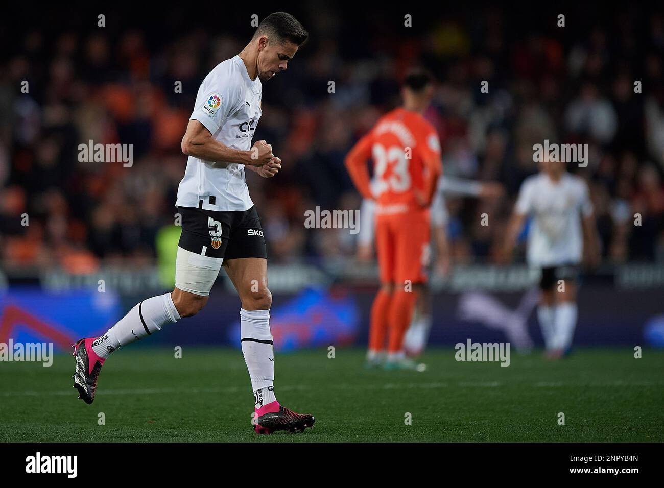 Gabriel Paulista of Valencia CF during the La Liga match between Valencia and Real Sociedad played at Mestalla Stadium on February 25 in Valencia, Spain. (Photo by PRESSIN) Stock Photo