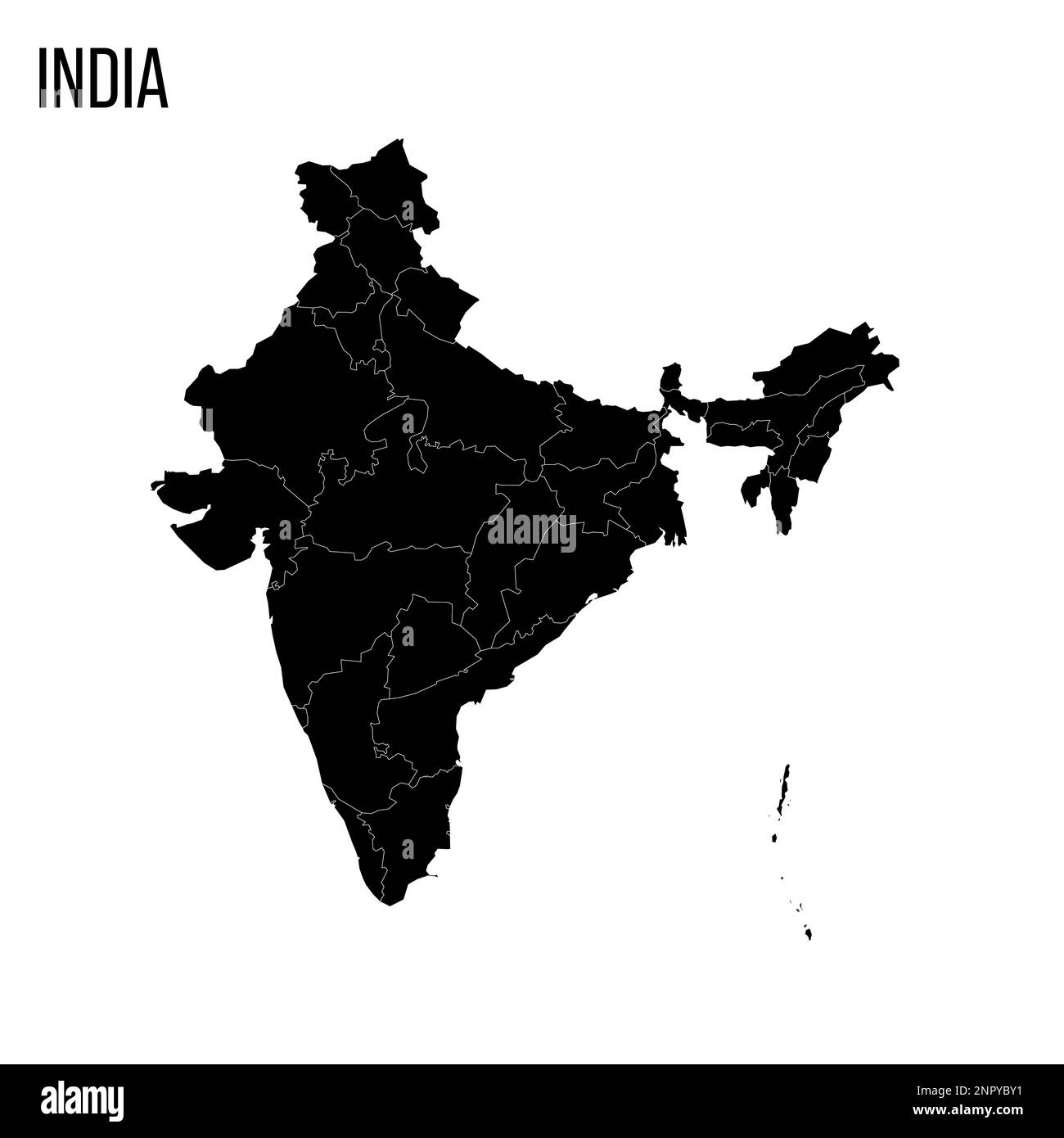 India political map of administrative divisions - states and union teritorries. Blank black map and country name title. Stock Vector