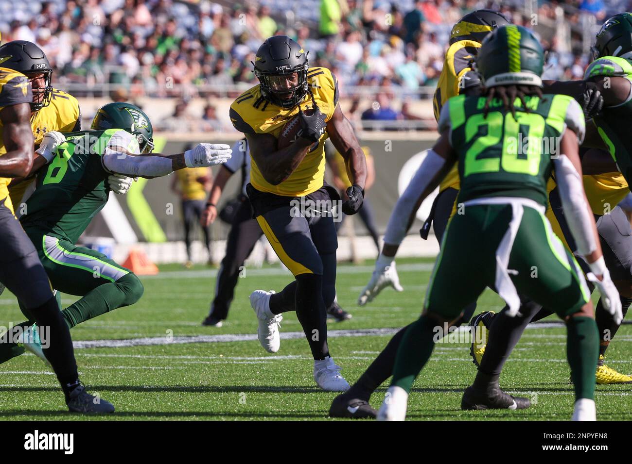 ORLANDO, FL - FEBRUARY 26: Orlando Guardians quarterback Deondre Francois  (3) makes a pass during a game between the Orlando Guardians and the  visiting San Antonio Brahmas on February 26, 2023 at