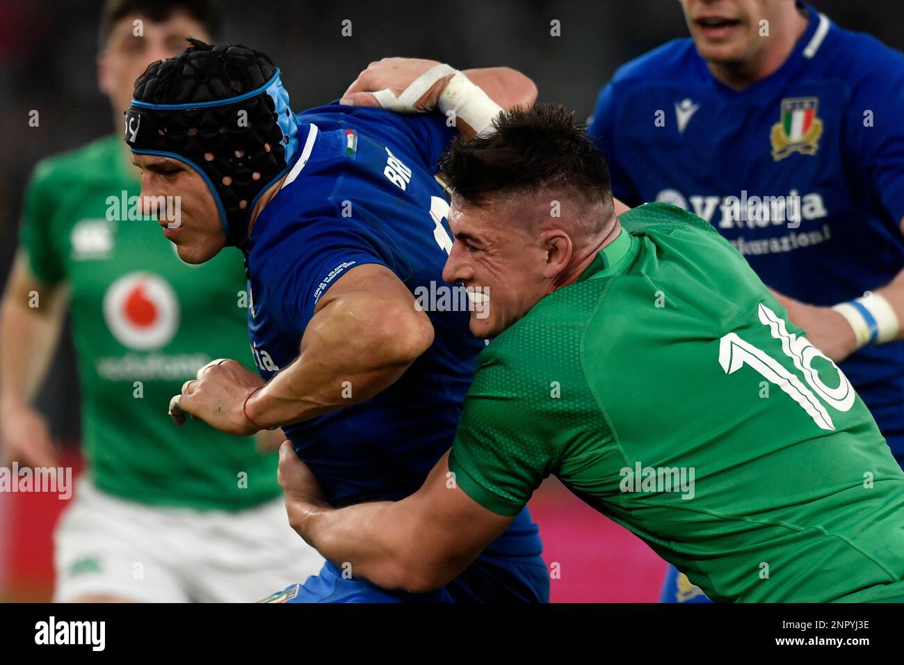 Juan Ignacio Brex of Italy and Dan Sheehan of Ireland  during the Six Nations rugby match between Italy and Ireland at Stadio Olimpico in Rome on Febr Stock Photo