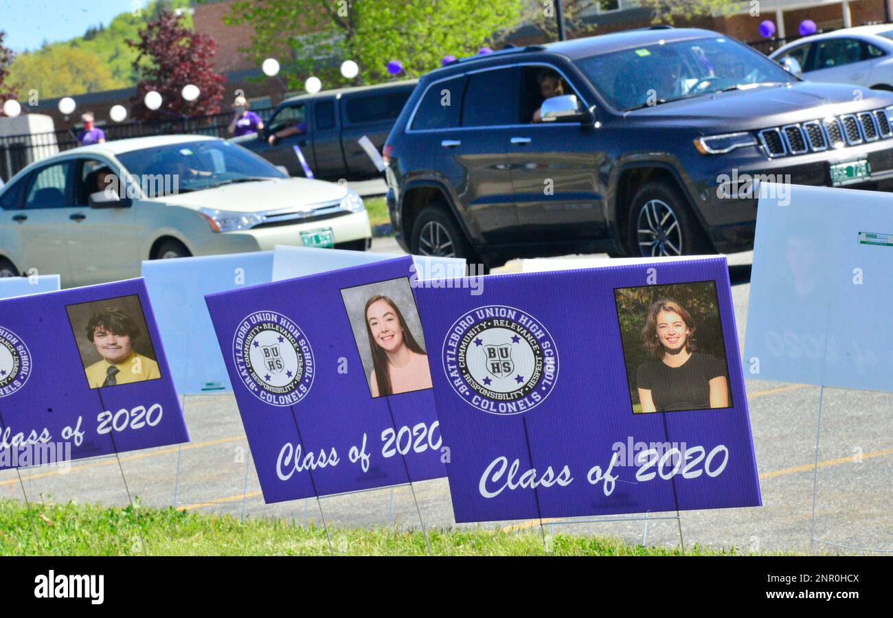 A long line of vehicles filled with seniors arrive at Brattleboro Union