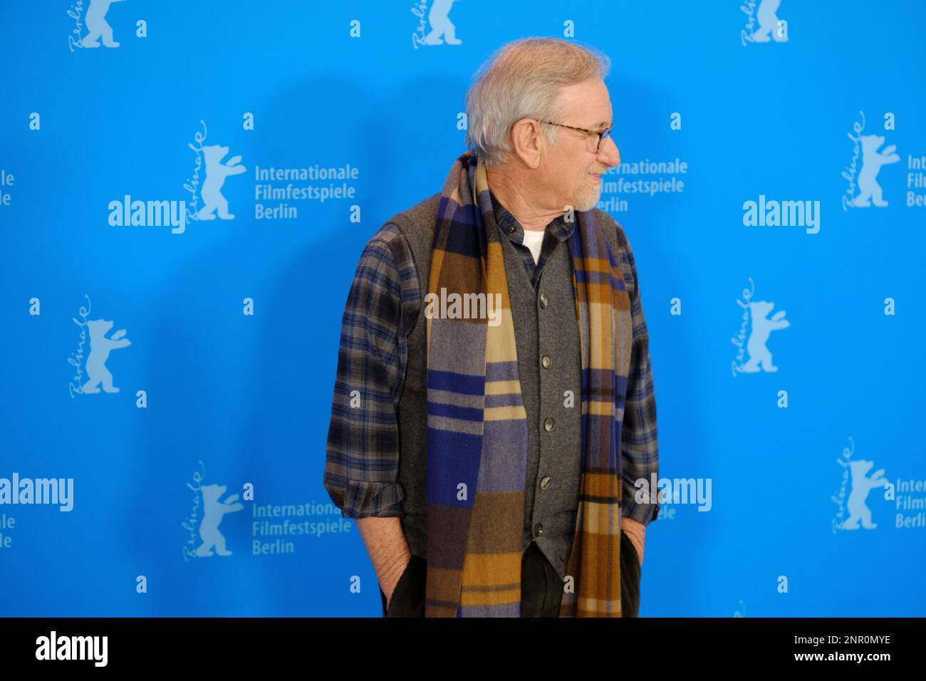 Steven Spielberg pose for a photo during the 73rd Berlinale International Film Festival Berlin at Grand Hyatt Hotel in Berlin, Germany on February 21, Stock Photo