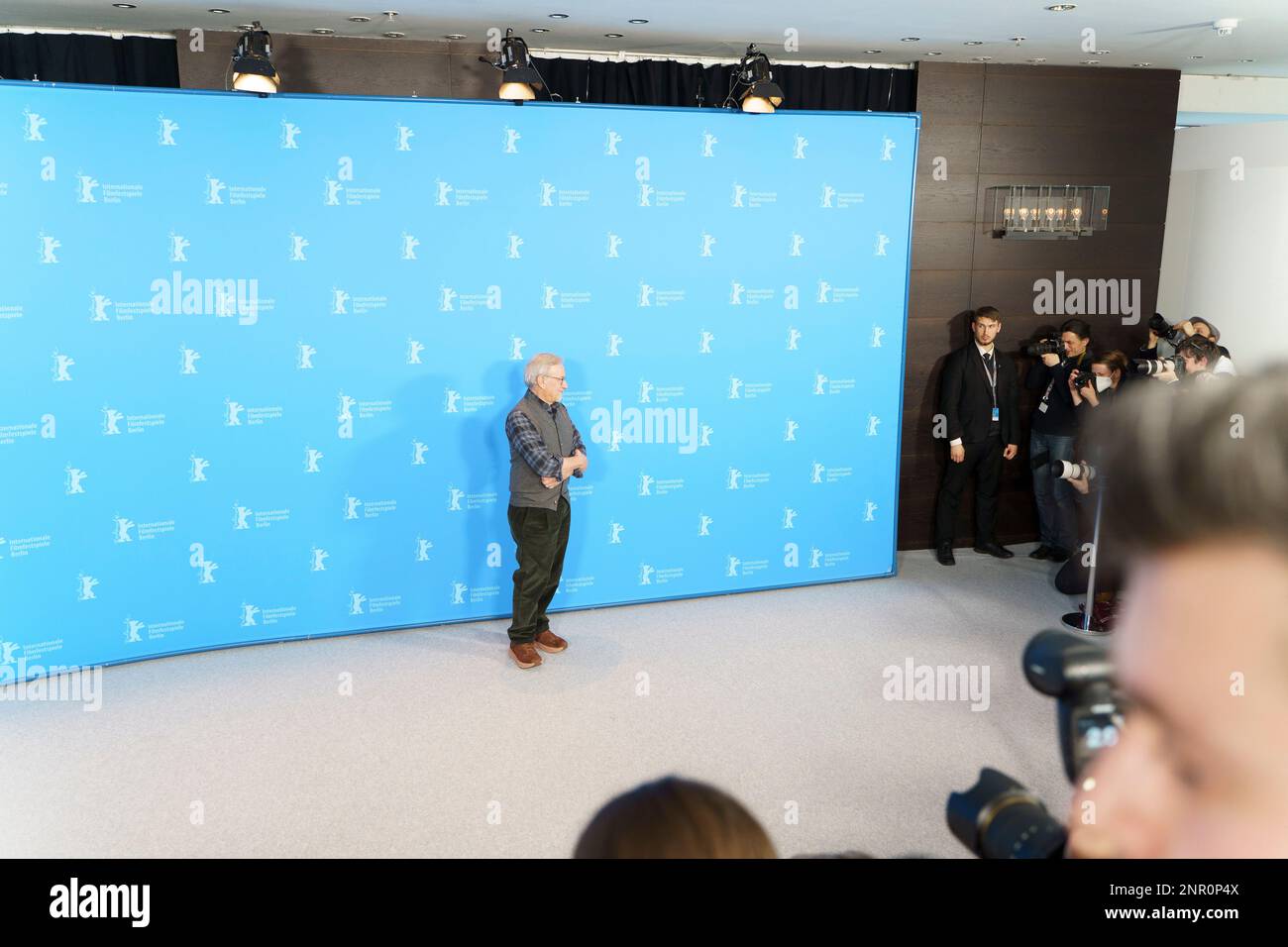 Steven Spielberg pose for a photo during the 73rd Berlinale International Film Festival Berlin at Grand Hyatt Hotel in Berlin, Germany on February 21, Stock Photo