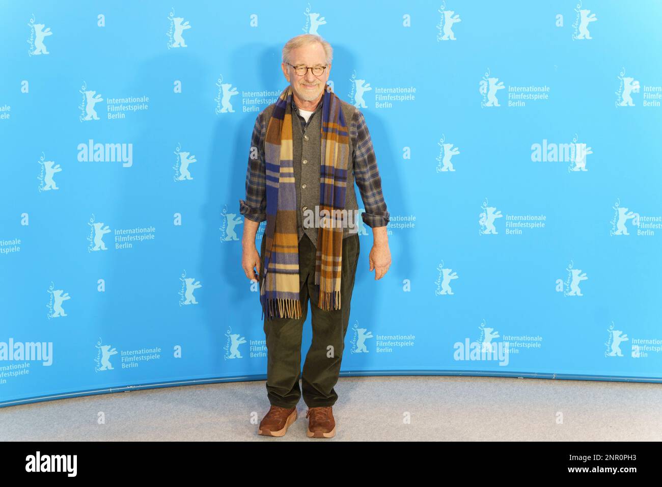 Steven Spielberg pose for a photo during the 73rd Berlinale International Film Festival Berlin at Grand Hyatt Hotel in Berlin, Germany on February 21, Stock Photo