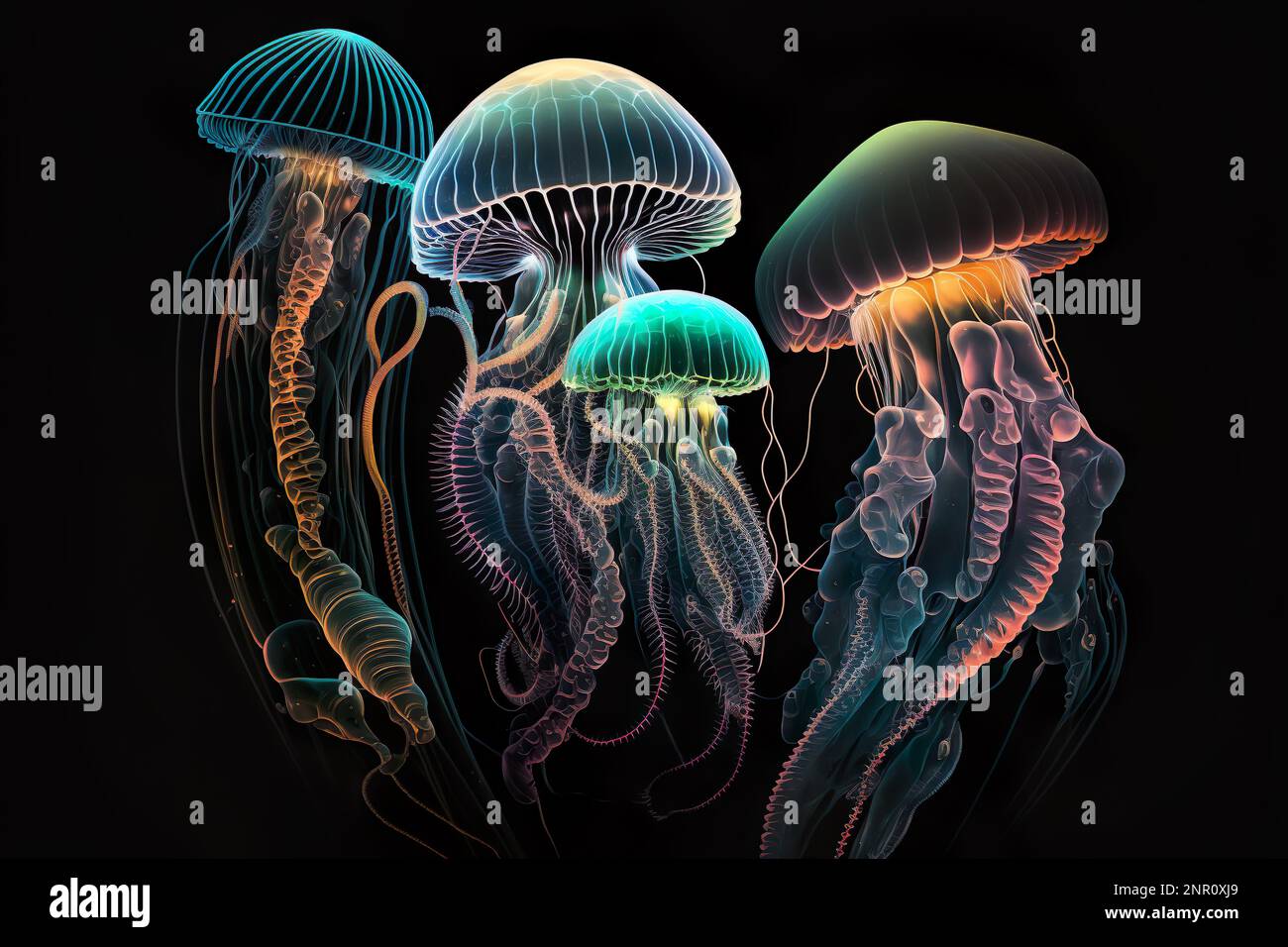 Neon Jellyfish, marine animals. digital illustration Stock Photo