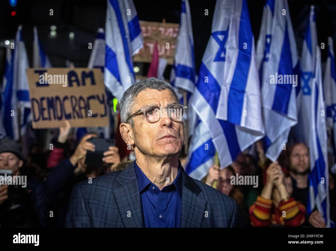 Tel Aviv, Israel. 25th Feb, 2023. President of the Union for Reform Judaism, Rabbi Richard Jacobs seen during the protest. Masses of Israelis took part in protests Saturday evening for the eighth consecutive week against the government's efforts to radically remake the country's justice system, with estimates pointing to 130,000-160,000 in Tel Aviv and tens of thousands more around the country. (Photo by Eyal Warshavsky/SOPA Images/Sipa USA) Credit: Sipa USA/Alamy Live News Stock Photo