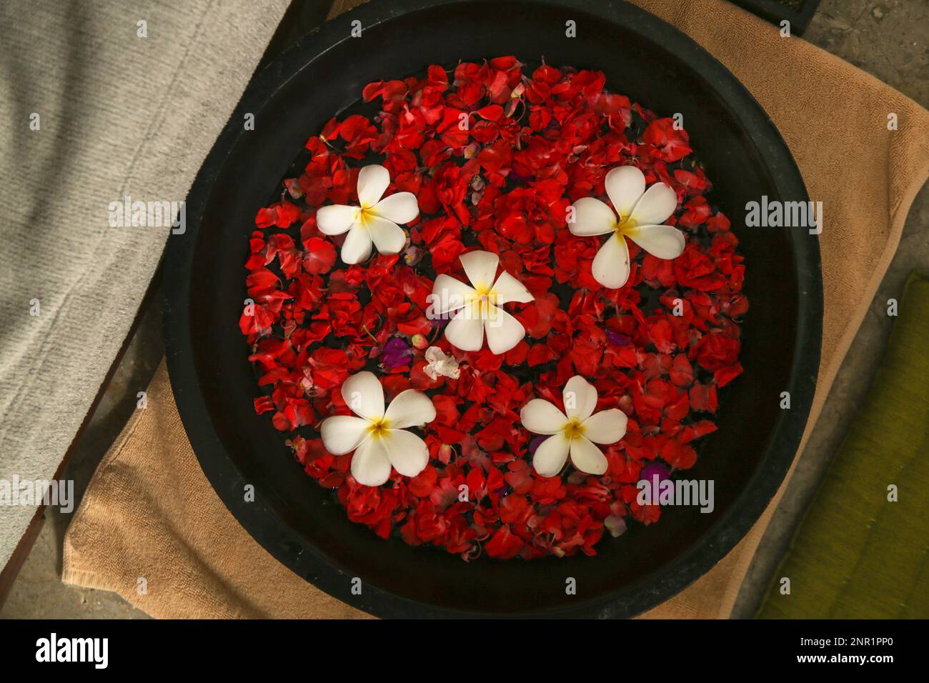 Wooden bowl filled with water and petals in the spa, ready for feet
