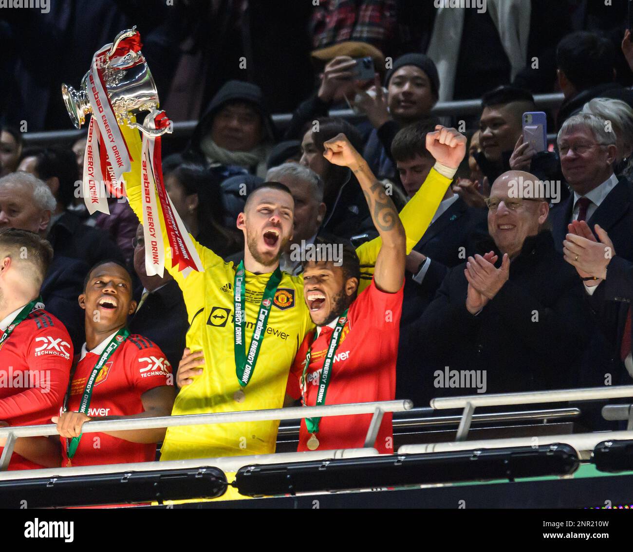 London, UK. 26th Feb, 2023. 26 Feb 2023 - Manchester United v Newcastle United - Carabao Cup - Final - Wembley Stadium Manchester United's David De Gea and Fred celebrate winning the Carabao Cup Final at Wembley. Avram Glazer is pictured behind. Picture Credit: Mark Pain/Alamy Live News Stock Photo