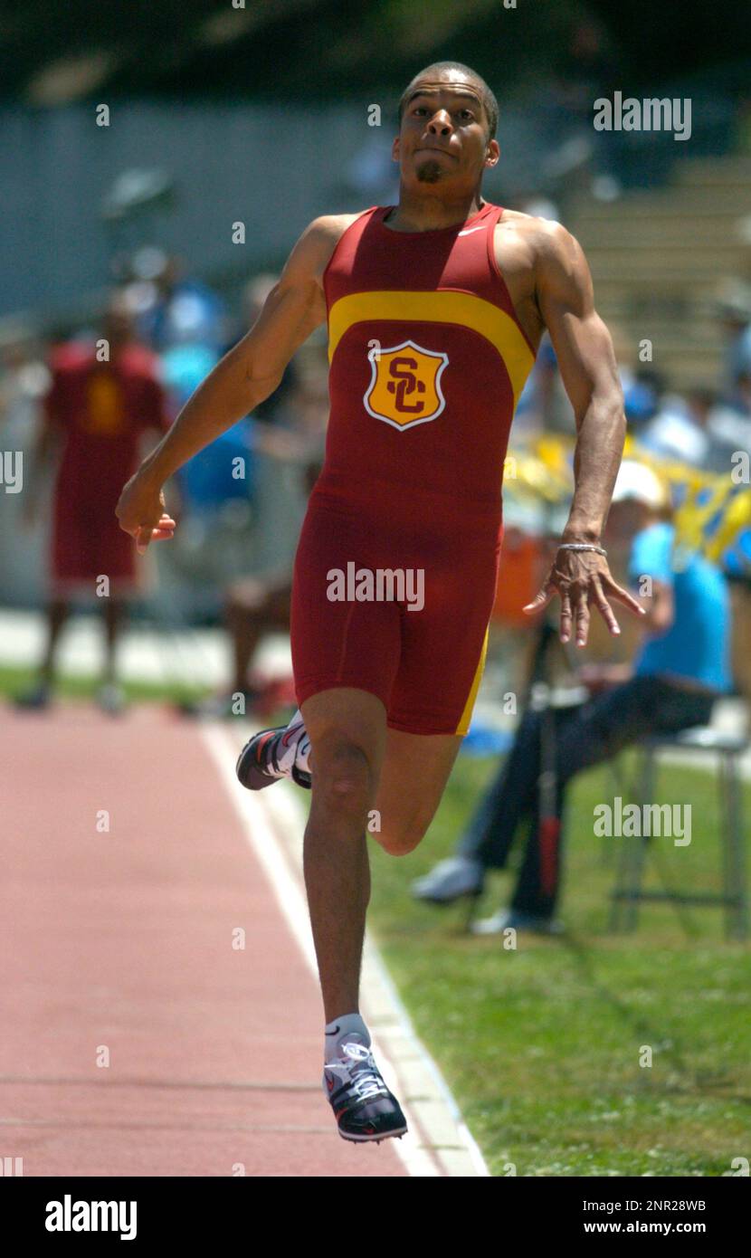 Allen Simms of the University of Southern California wins the men's long jump at 25-5 1/4 (7.75m) in the USC-UCLA trackand field dual meet at Drake Stadium on Saturday, May 1, 2004 in Los Angeles. (Kirby Lee via AP) Stock Photo