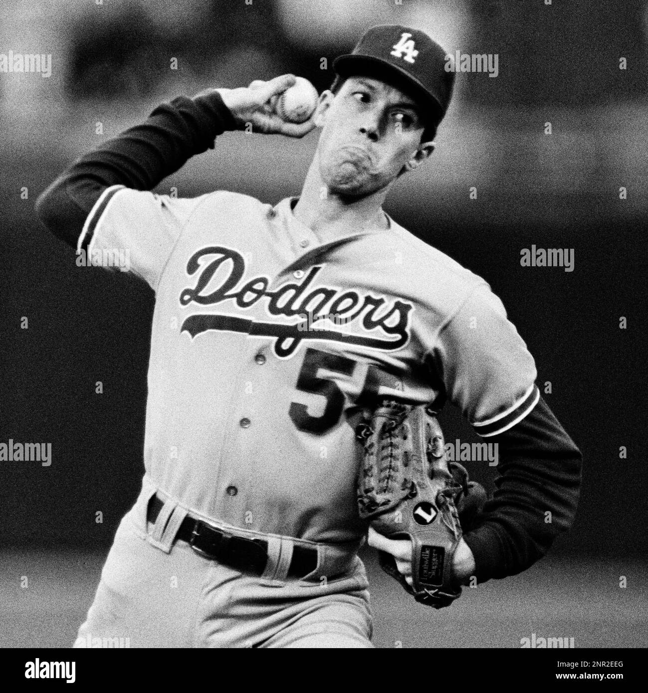 Orel Hershiser of the Los Angeles Dodgers pitches against the Oakland A ...