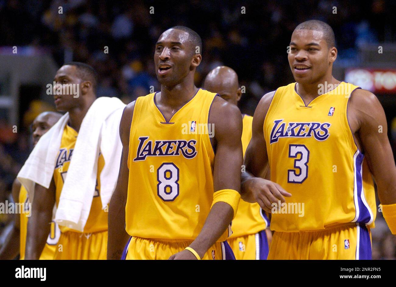 Kobe Bryant (8) and Devean George (3) of the Los Angeles Lakers 