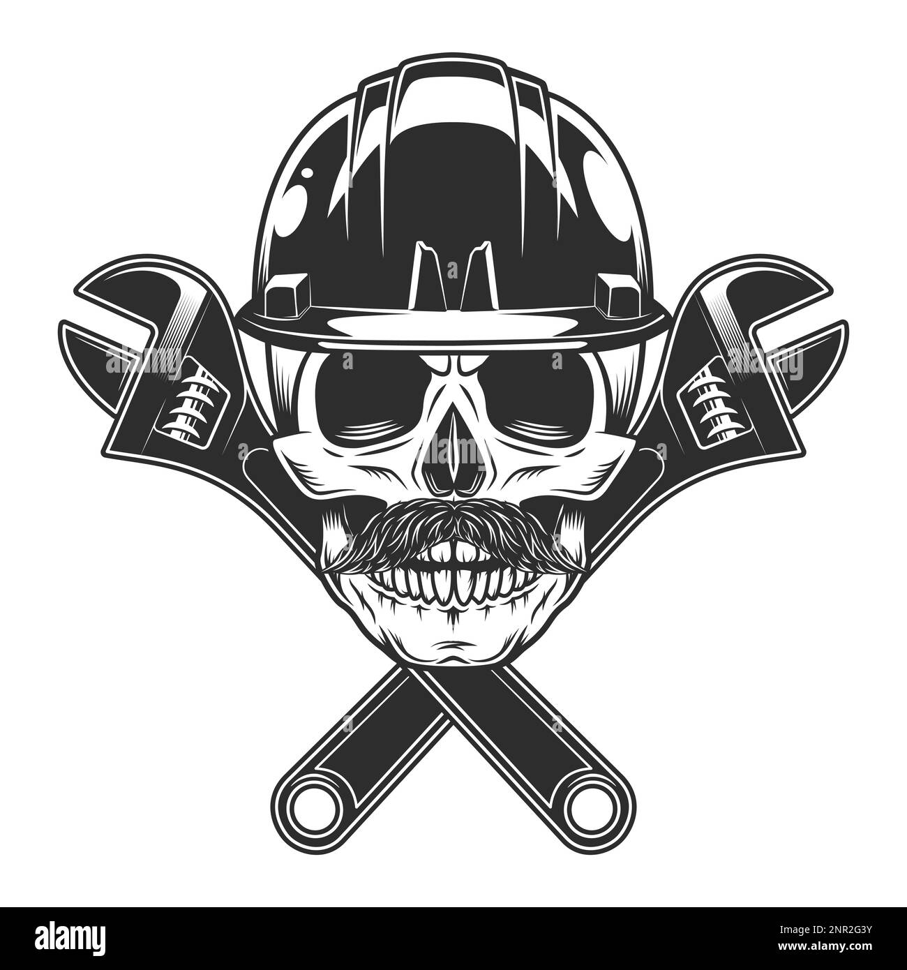 Skull with mustache in helmet hard hat with construction wrench for gas ...