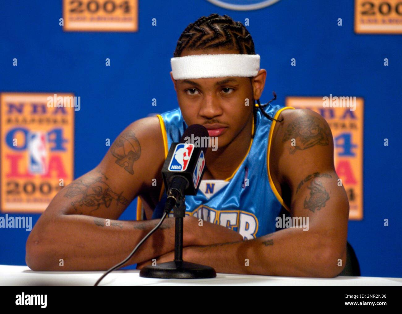 Denver Nuggets rookie Carmelo Anthony at a news conference during the NBA  All-Star Game Rookie Challenge, Friday, Feb. 13, 2004, in Los Angeles.  (Kirby Lee via AP Stock Photo - Alamy