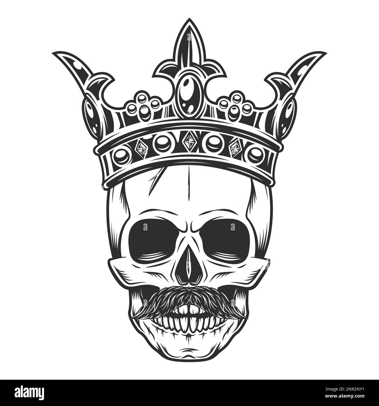 Black and white skull in crown with mustache isolated on white ...