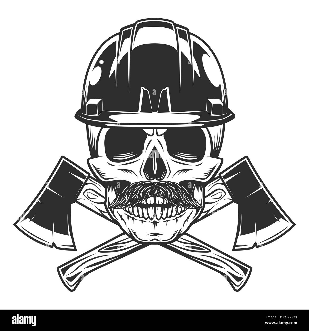 Skull and hard hat helmet with mustache and crossed wooden axe construction builder tool