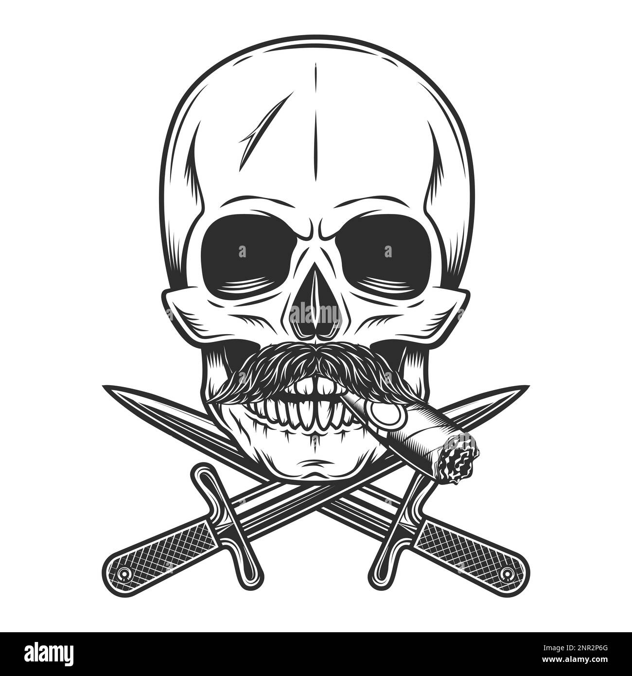 Skull smoking cigar or cigarette with mustache and crossed knife dagger