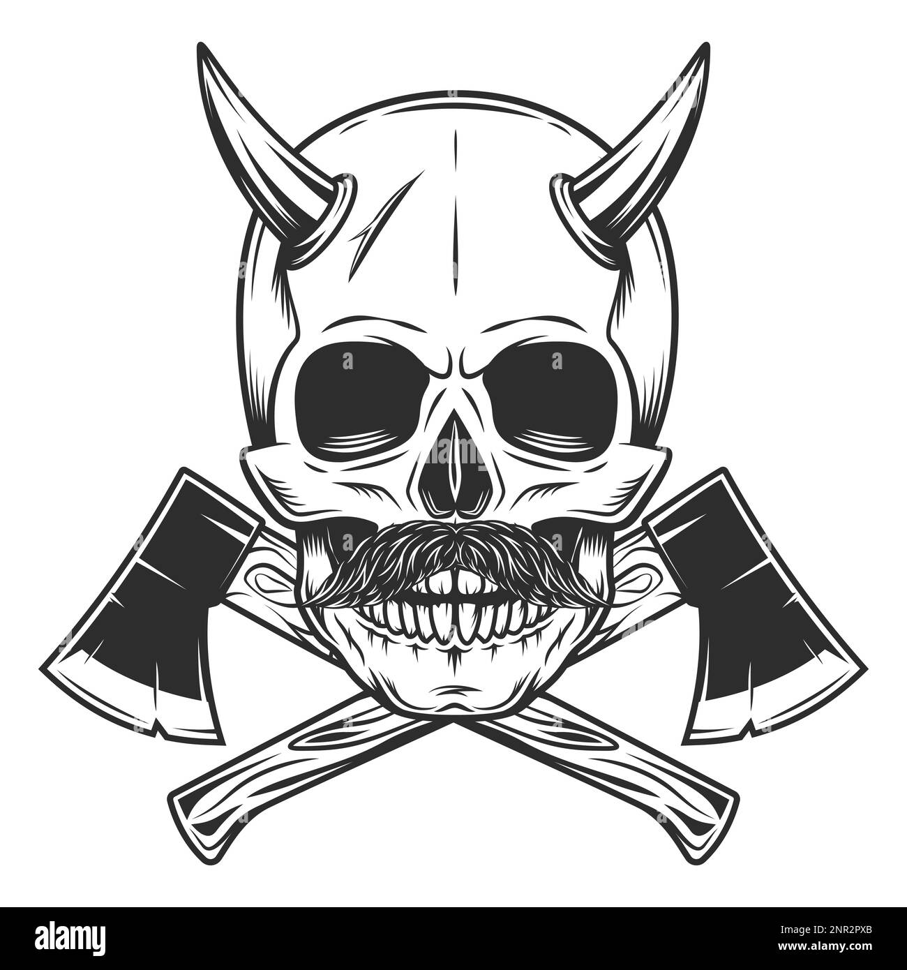 Skull with horn and mustache and crossed wooden axe construction ...