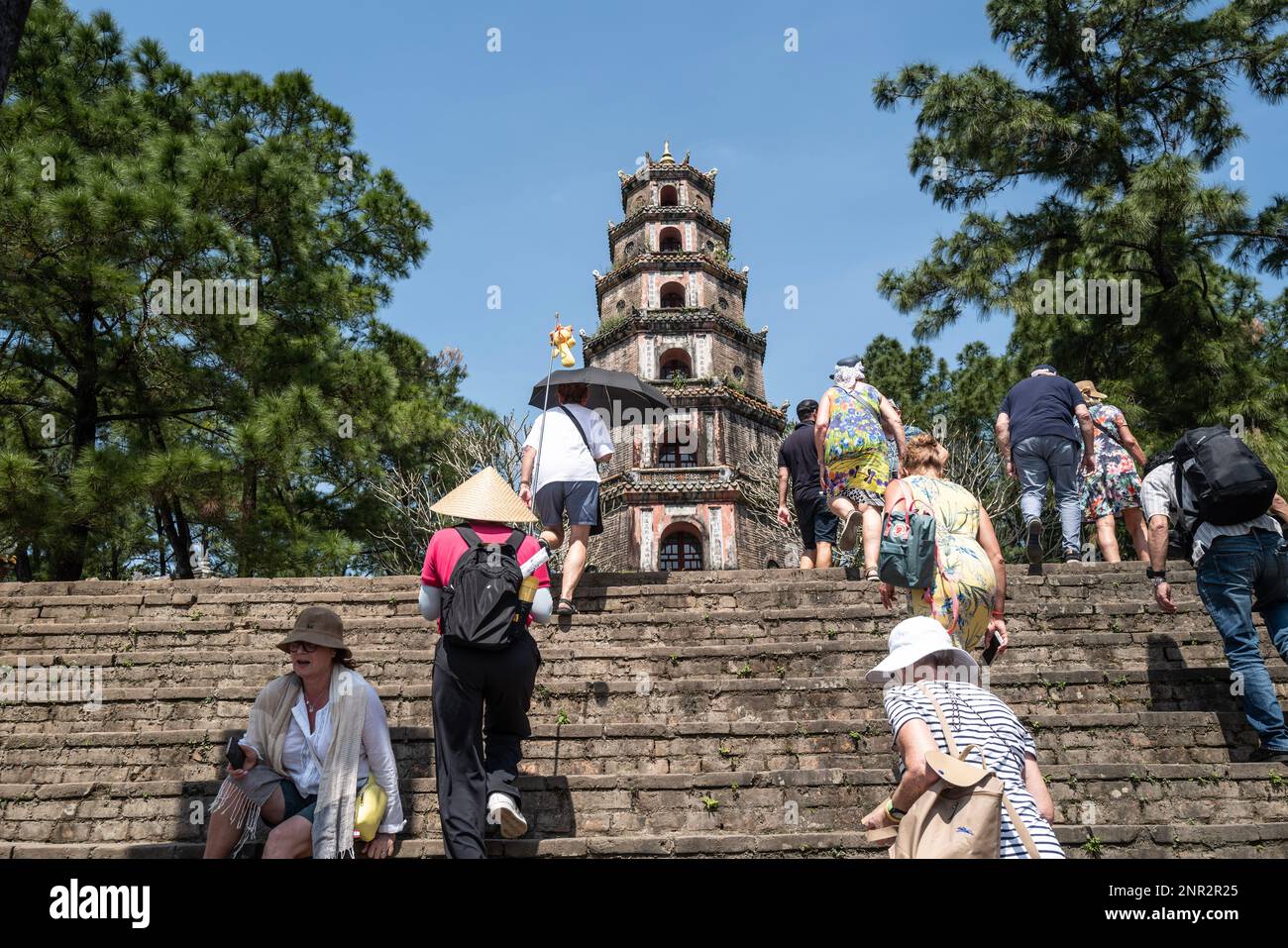 Huế, Vietnam that includes the Imperial City and ancient burial sites. pictures are at Thiên Mụ Temple. Stock Photo