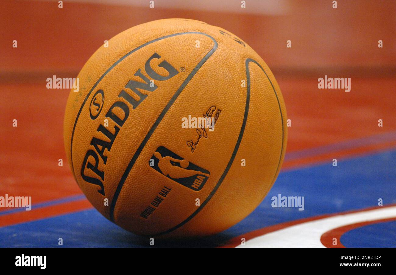 Synthetic NBA Spalding basketball used at the start of the 2006-2007 season at the Staples Center in Los Angeles, Calif. on Wednesday, December 20, 2007. The ball was discontinued on Dec. 31 after complaints from players and coaches. (Kirby Lee via AP) Stock Photo