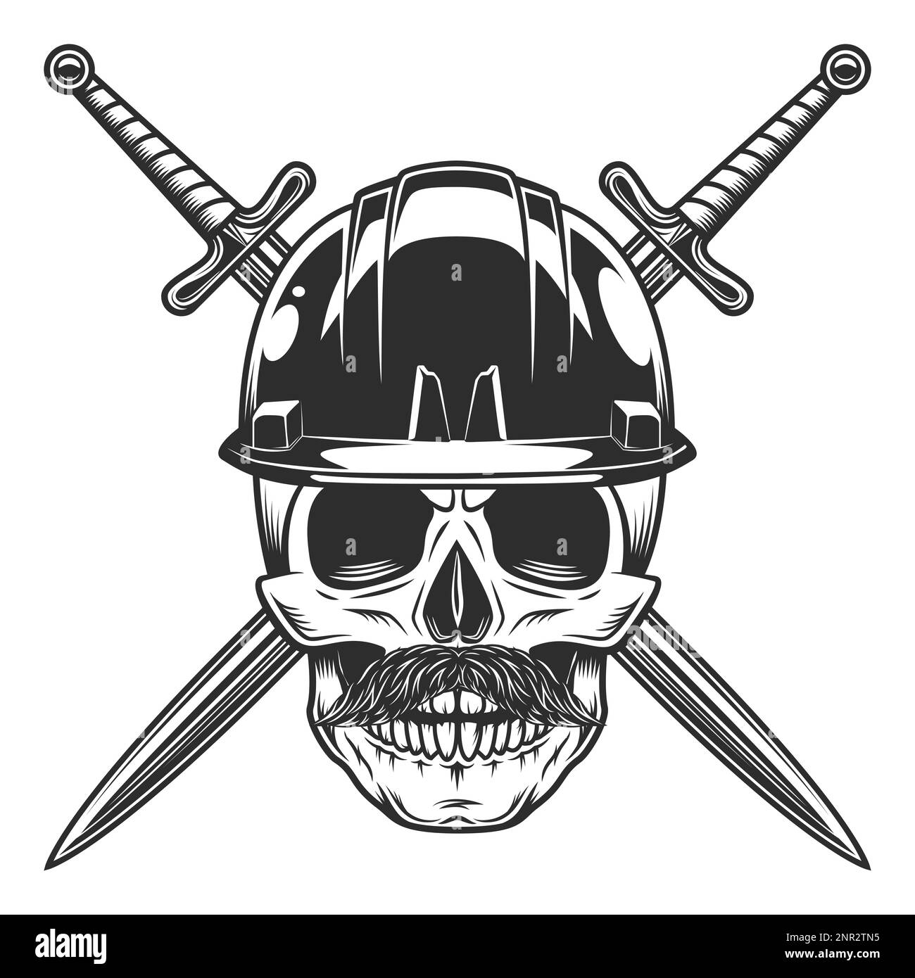 Skull with mustache in construction helmet hard hat and crossed sword ...