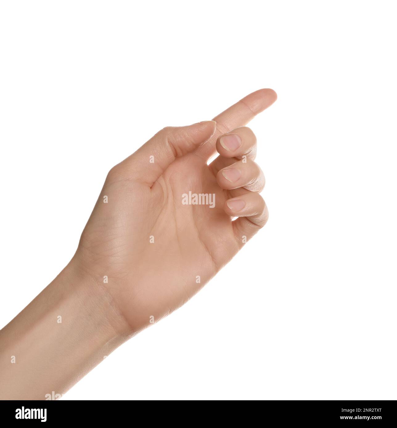 Woman pointing at something on white background, closeup Stock Photo ...