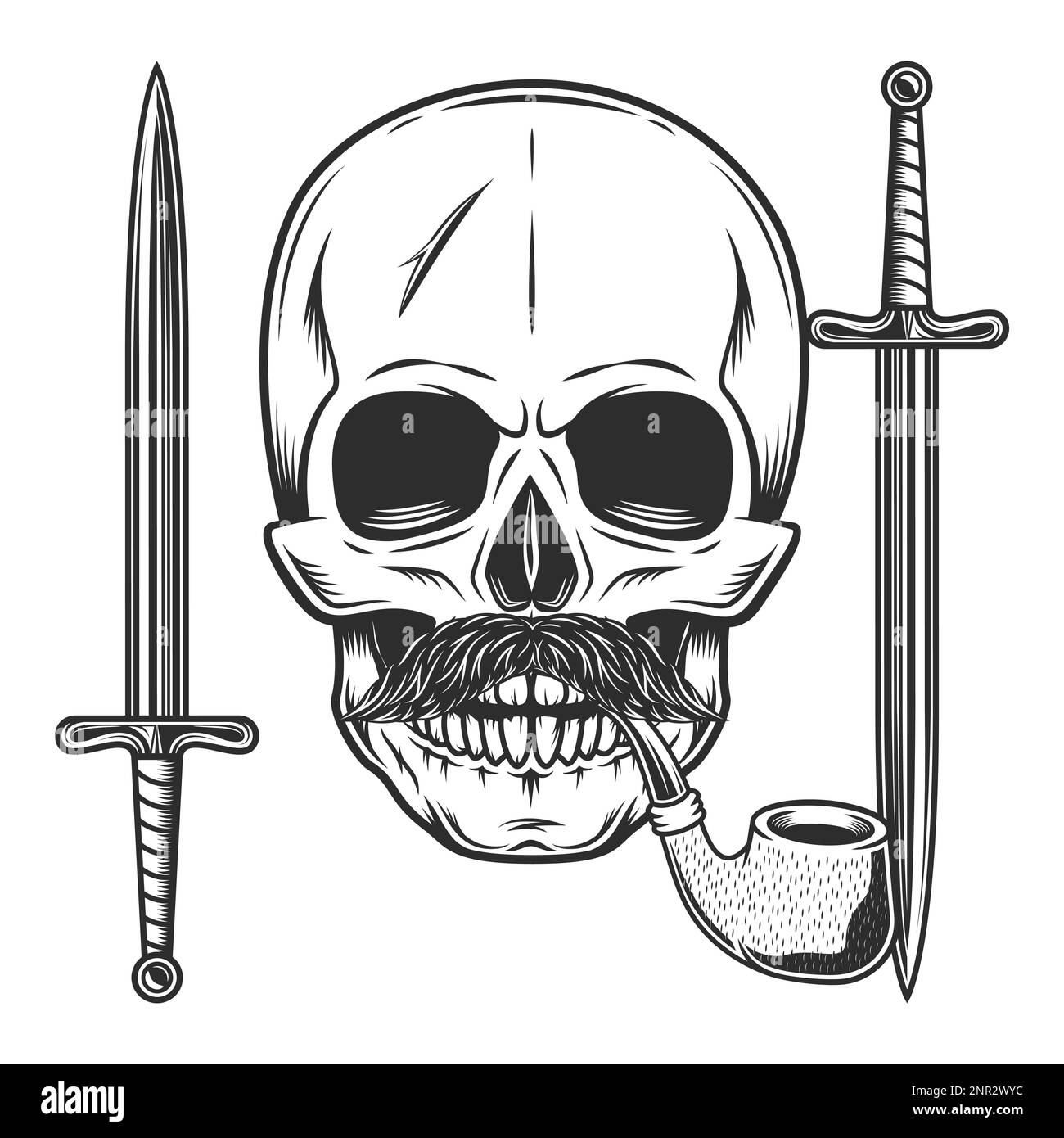Skull smoking pipe with mustache and crossed sword Isolated on white