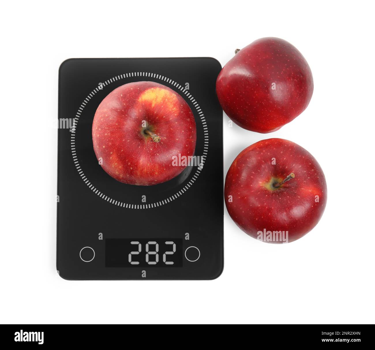 https://c8.alamy.com/comp/2NR2XHN/ripe-red-apples-and-electronic-scales-on-white-background-top-view-2NR2XHN.jpg