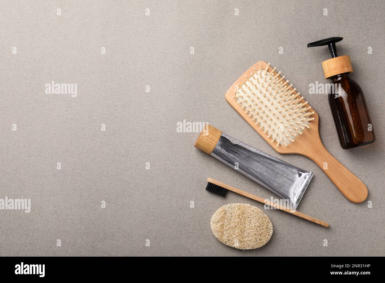 Flat lay composition with eco friendly products on light grey ...
