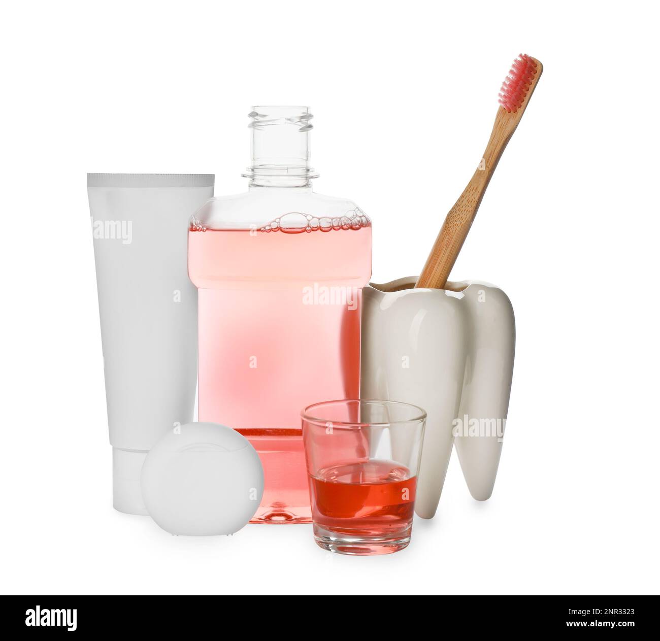 Mouthwash and other oral hygiene products on white background Stock