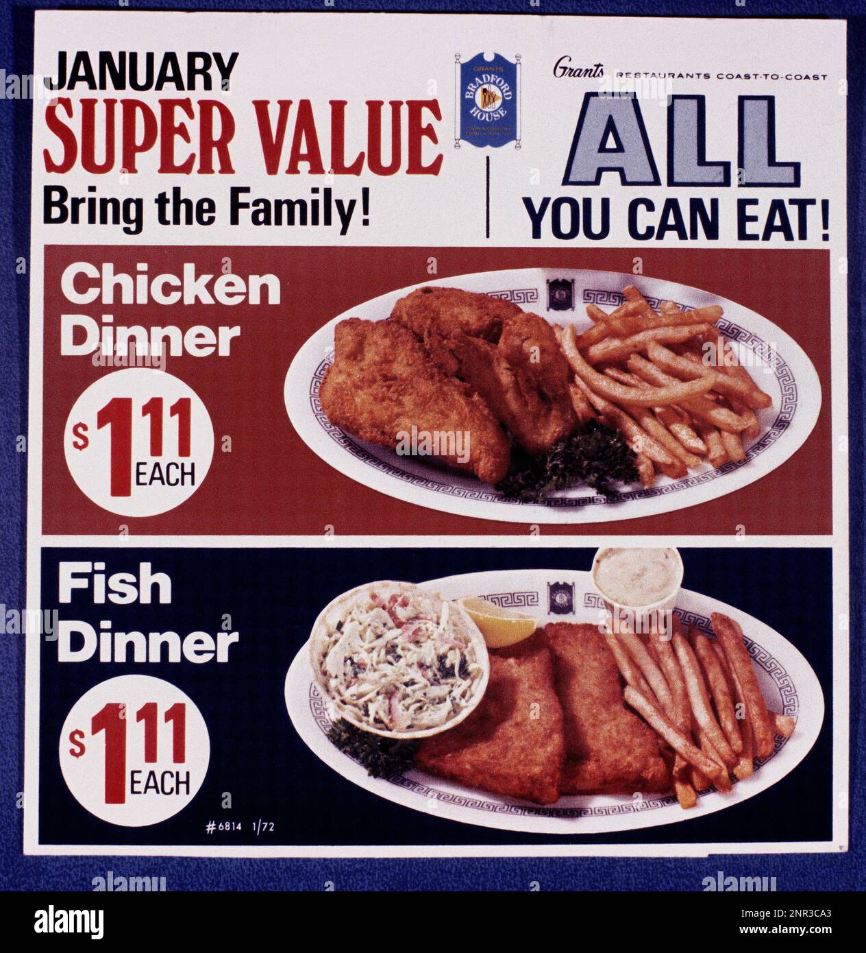 poster promoting all you can eat values in the Bradford House Restaurant in a WT Grants store in San Jose, California in 1972 Stock Photo