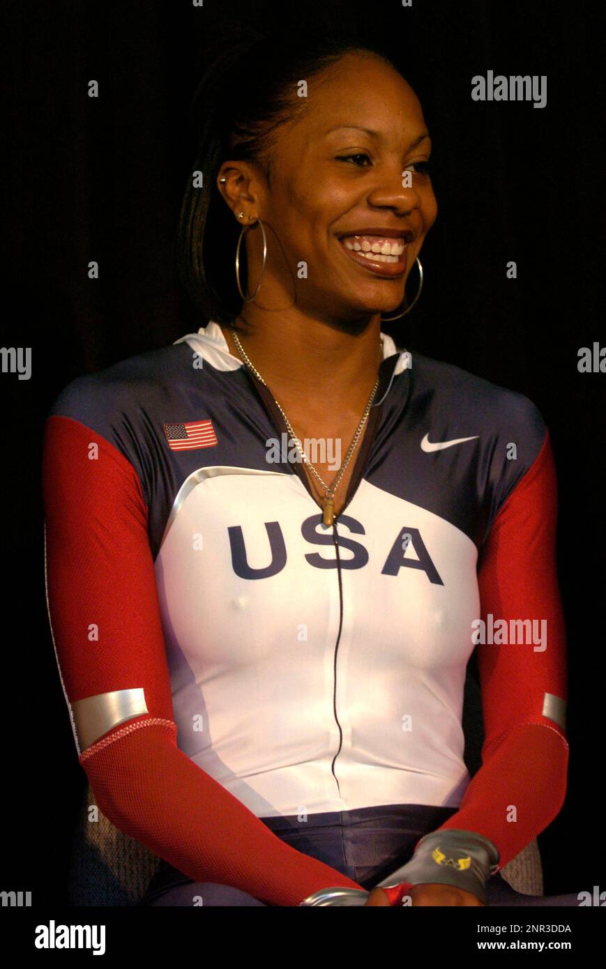 Sanya Richards Ross poses during unveiling of Nike uniforms for the