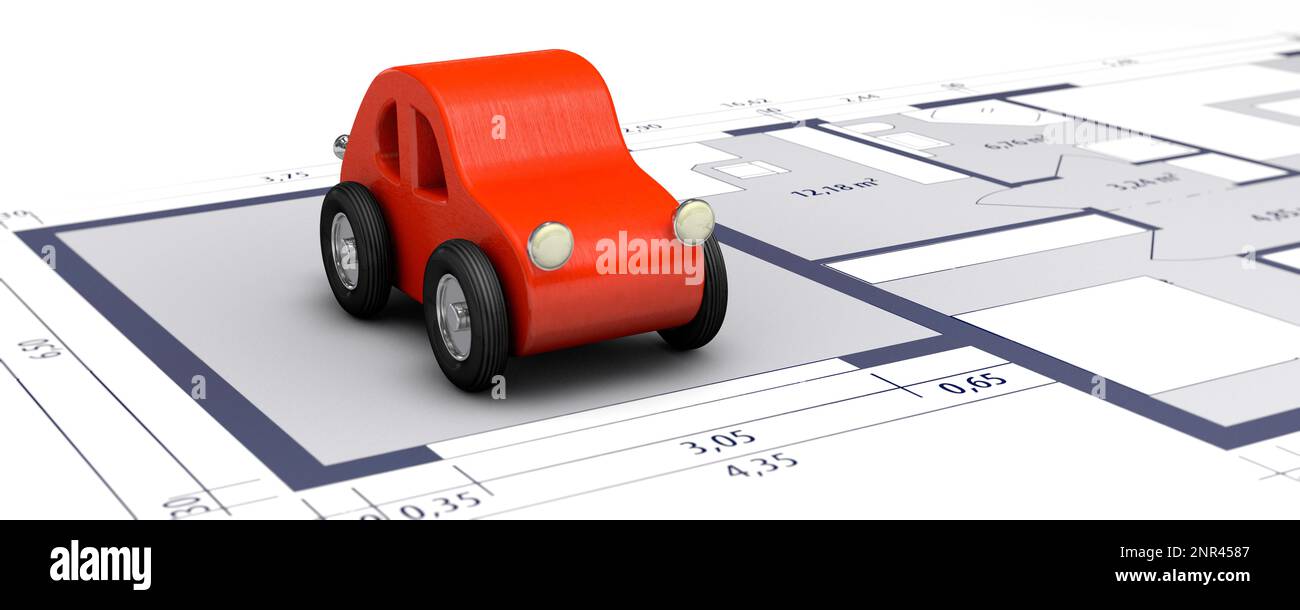 Car standing on construction drawing. Symbolic image on the subject of ...