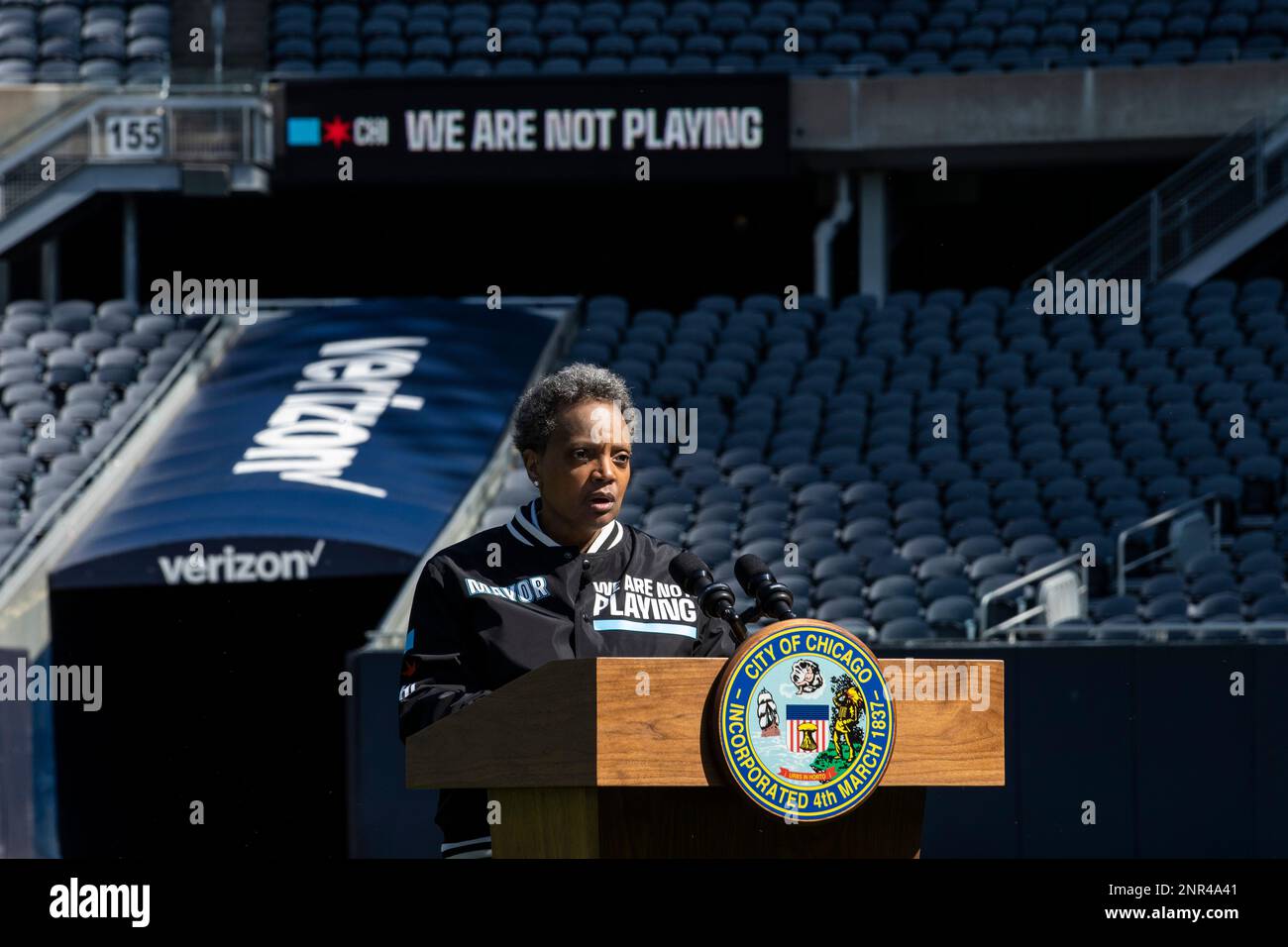 Mayor Lori Lightfoot announces the We Are Not Playing campaign during a  press conference at Soldier Field, Monday morning, April 6, 2020. (Ashlee  Rezin Garcia/Chicago Sun-Times via AP Stock Photo - Alamy