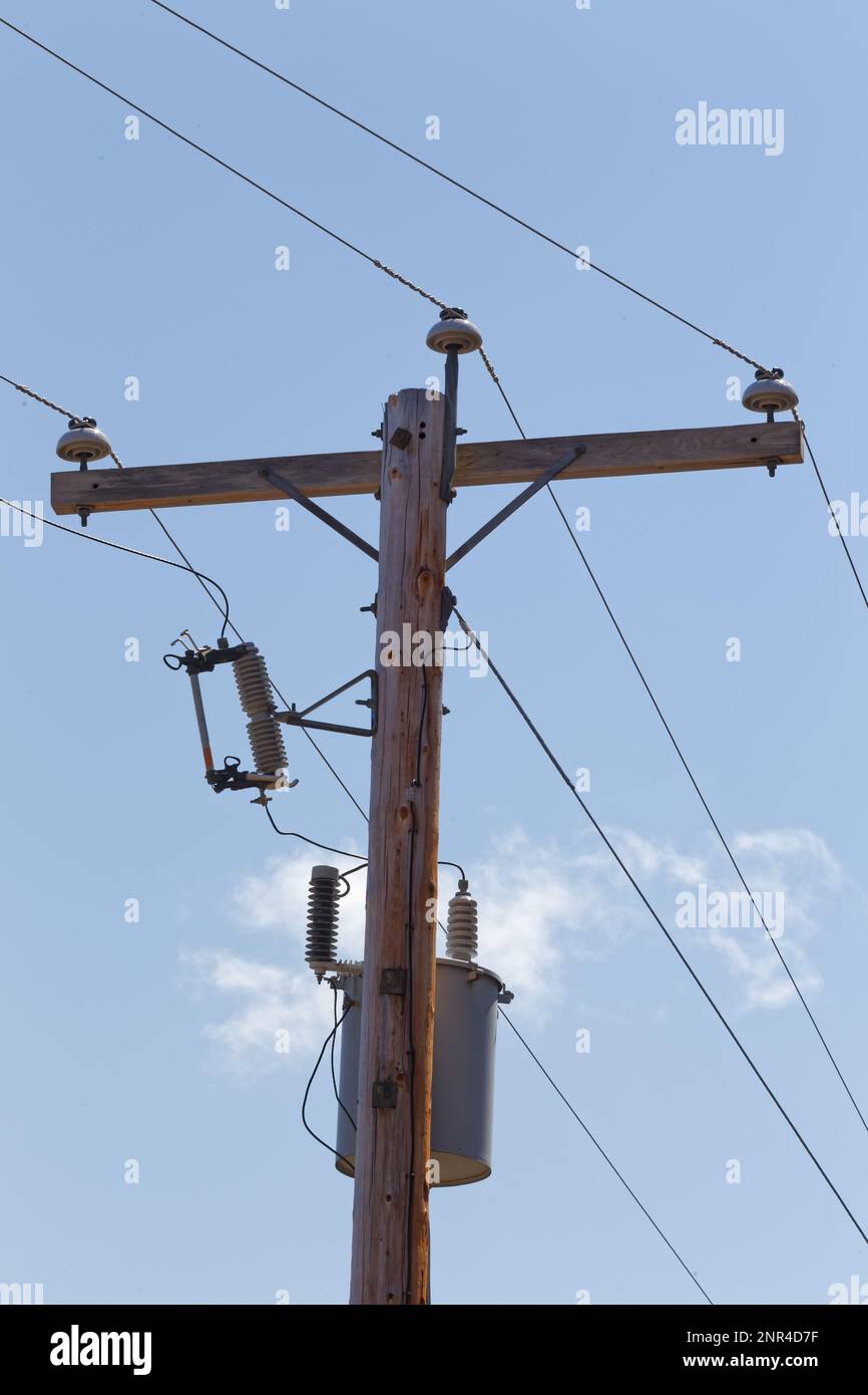 Close up of  utility pole with an electrical transformer. Quebec,Canada Stock Photo