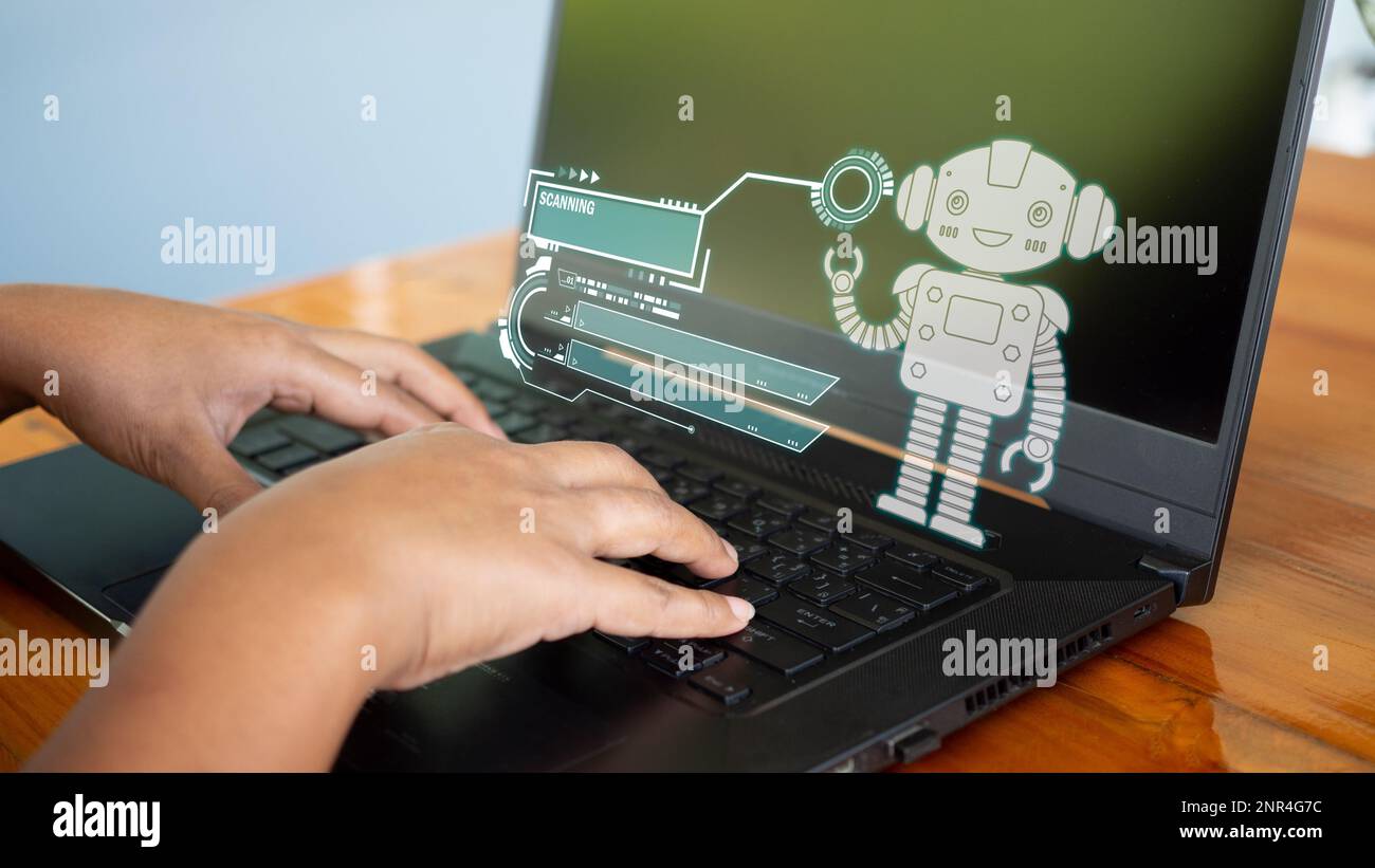 People are working and bringing AI to help them work on computers Stock ...