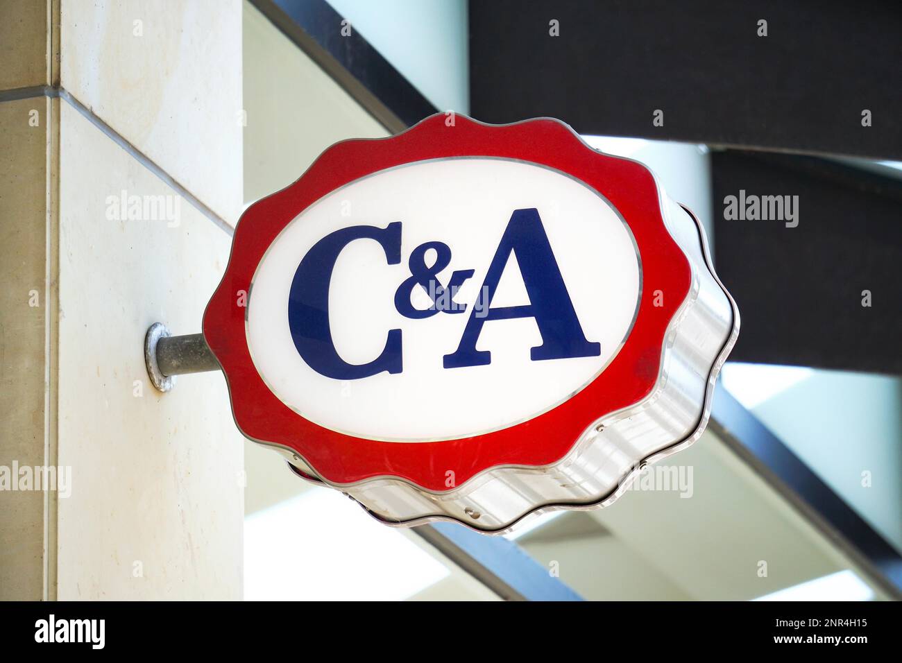 Hannover, Germany - August 2, 2018: C&A logo on lightbox sign at fashion chain store in downtown Hannover Stock Photo