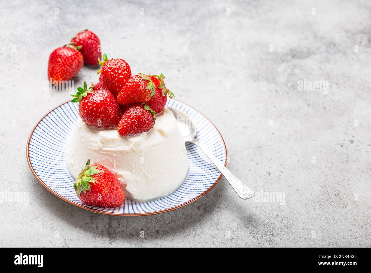 Close-up of fresh Italian cheese ricotta with strawberries on a plate with a spoon, grey rustic stone background, light summer dessert or snack, good Stock Photo