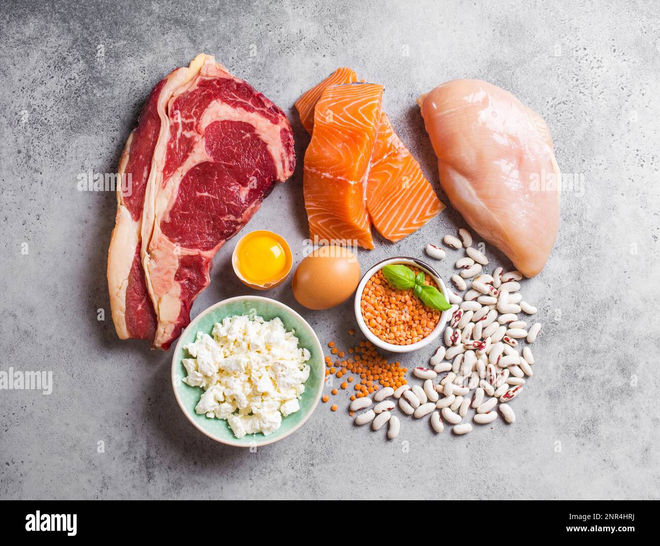 Assortment of natural sources of protein from food meat, fish, chicken