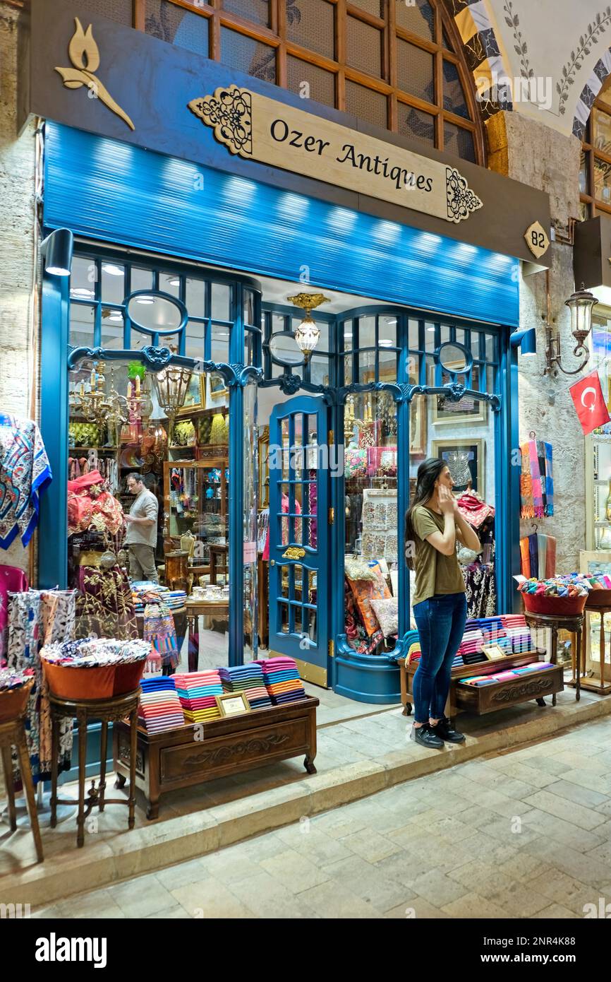 ISTANBUL, TURKEY - MAY 25 : Antique shop in the Spice Bazaar in Istanbul Turkey on May 25, 2018. Two unidentified people Stock Photo