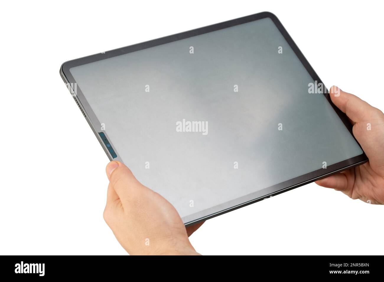 Reading information on blank tablet screen isolated perspective view Stock Photo