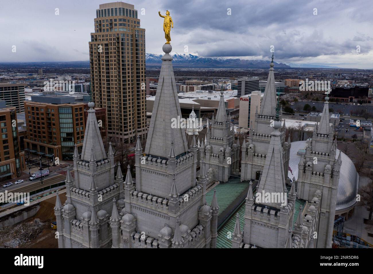 This Wednesday, March 18, 2020 photo shows the Angel Moroni statue atop