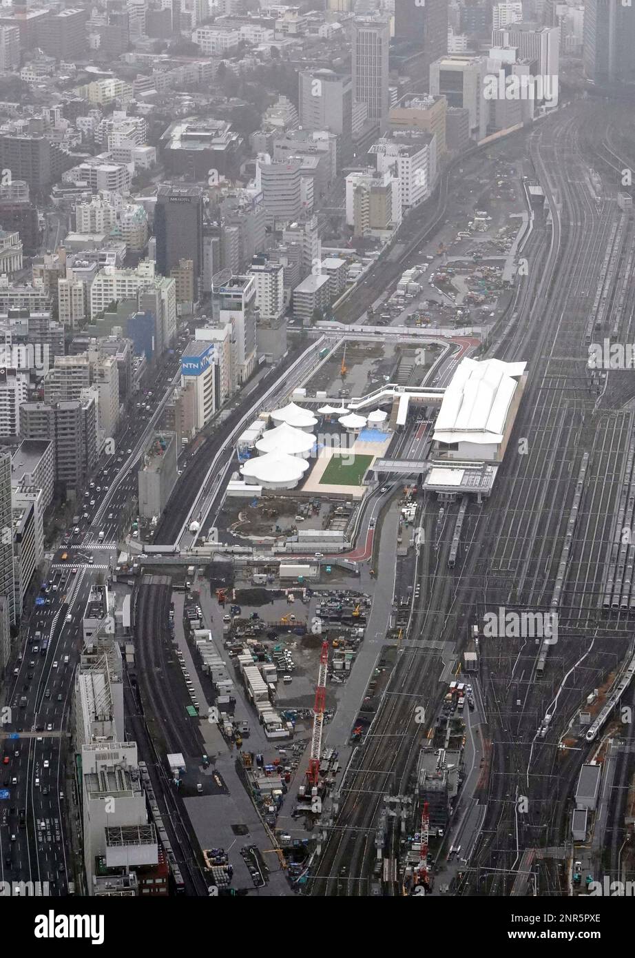 An aerial photo shows the Takanawa Gateway Station in Tokyo on March 14