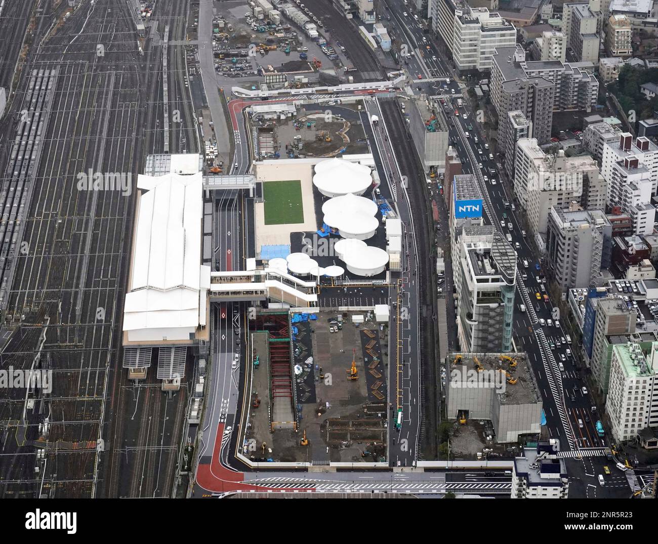 An aerial photo shows the Takanawa Gateway Station in Tokyo on March 14