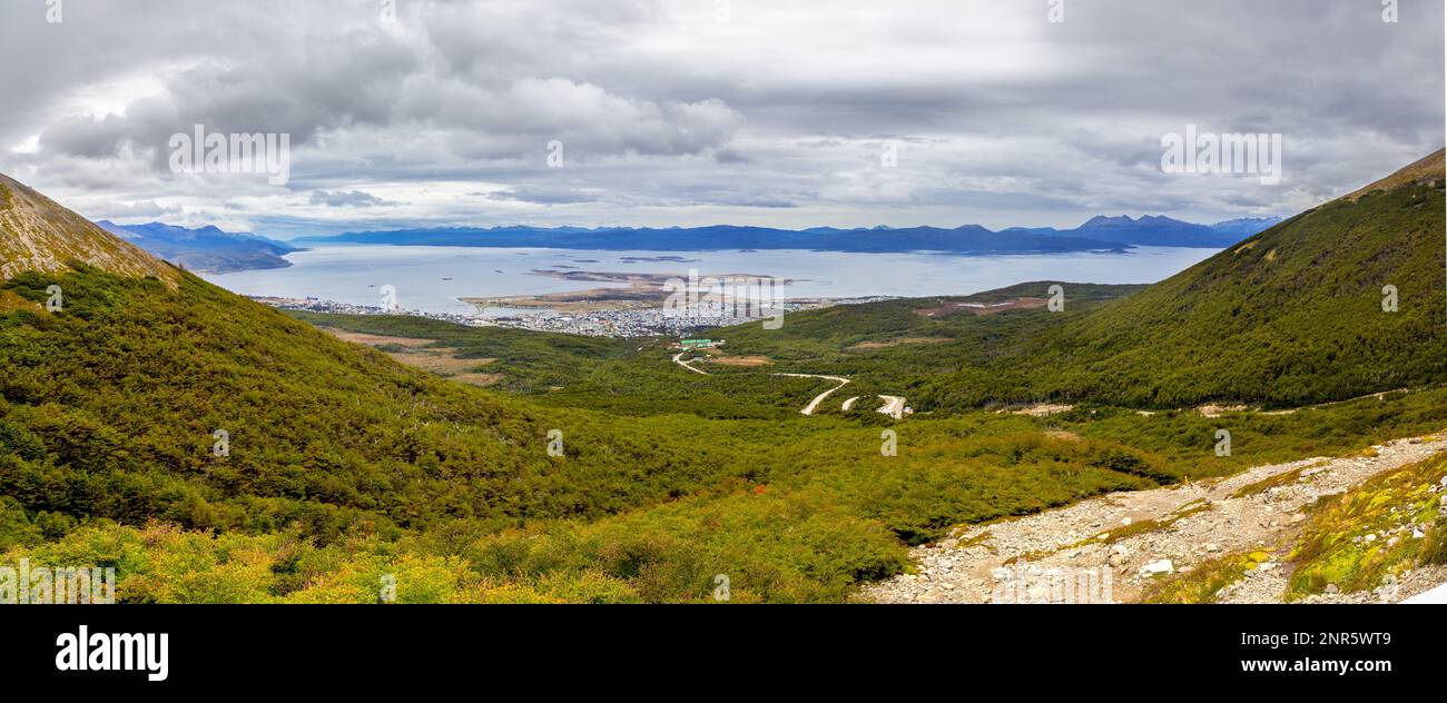 Beagle Channel Aerial Panorama Between Ushuaia and Isla Navarena.  Scenic Landscape, Tierra Del Fuego Land Of Fires extreme South end of America Stock Photo