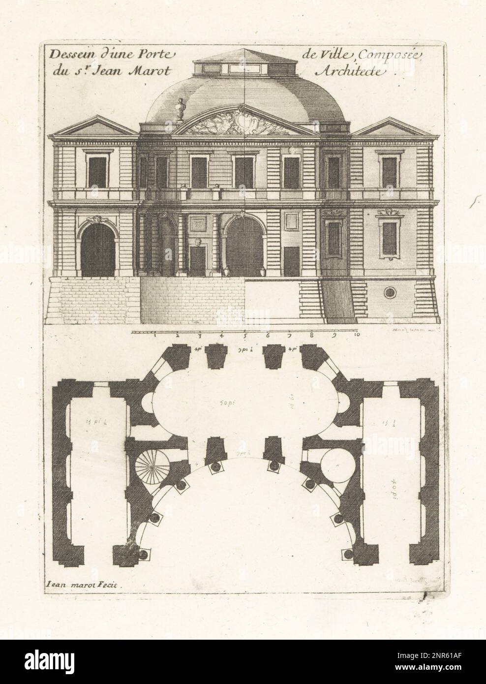 Elevation and plan for a town gate by architect Jean Marot. Dessein d'une Porte de Ville, composee du Sr. Jean Marot Architect. Copperplate engraving drawn and engraved by Jean Marot from his Recueil des Plans, Profils et Elevations de Plusieurs Palais, Chasteaux, Eglises, Sepultures, Grotes et Hotels, Collection of Plans, Profiles and Elevations of Palaces, Castles, Churches, Tombs, Grottos and Hotels, chez Mariette, Paris, 1655. Stock Photo