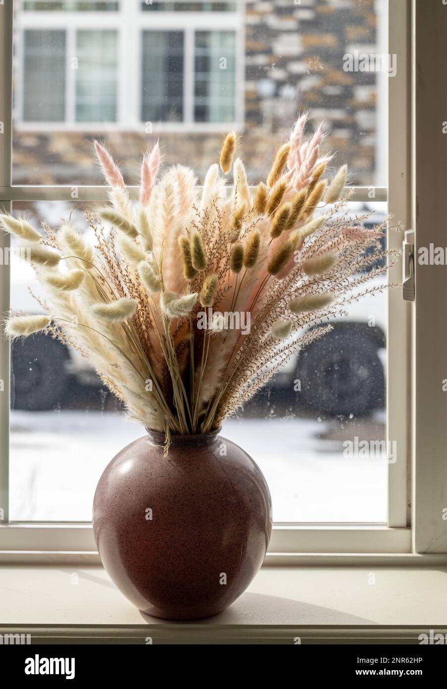 Dried natural pampas grass in a vase on the window. Interior decor