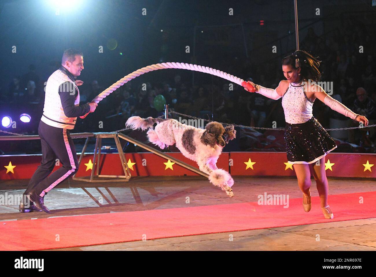 Hans Klose, left, and Colleen Pages jump rope with Jackson during the