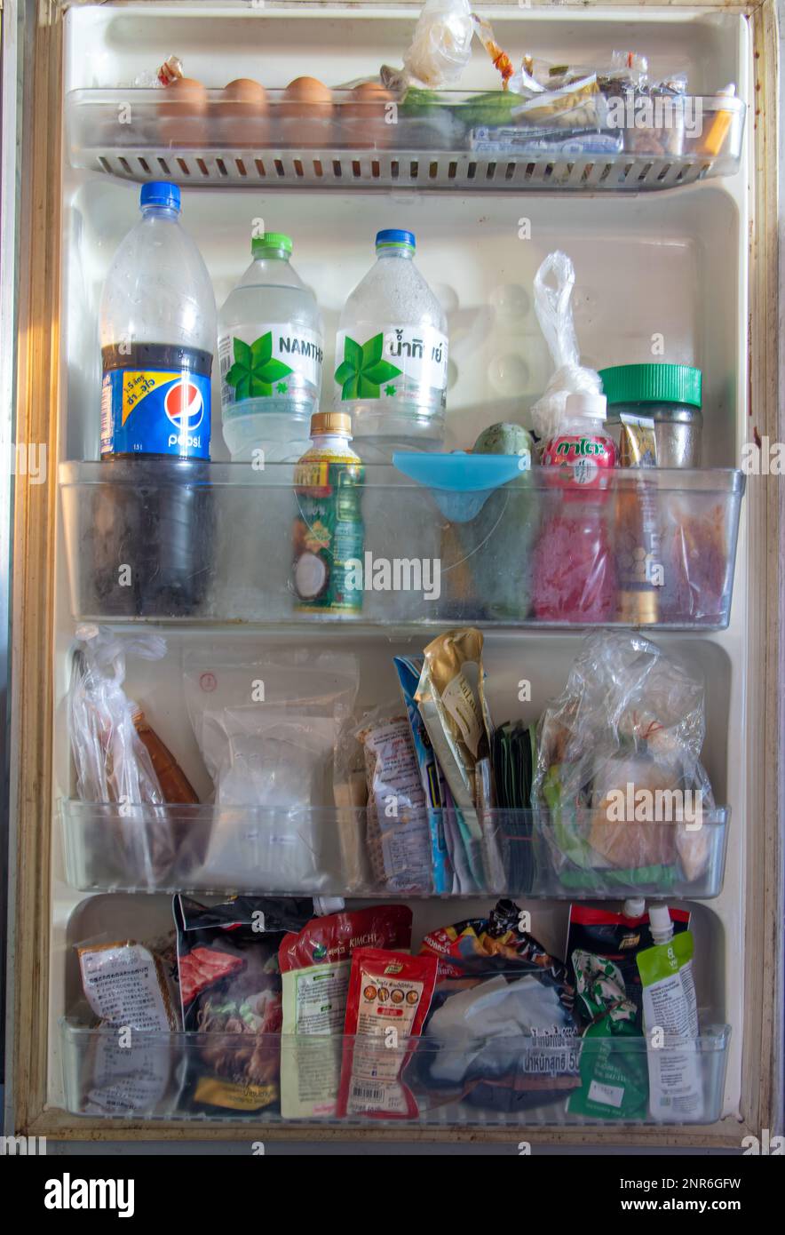SAMUT PRAKAN, THAILAND, FEB 05 2022, Food stored in the refrigerator door Stock Photo