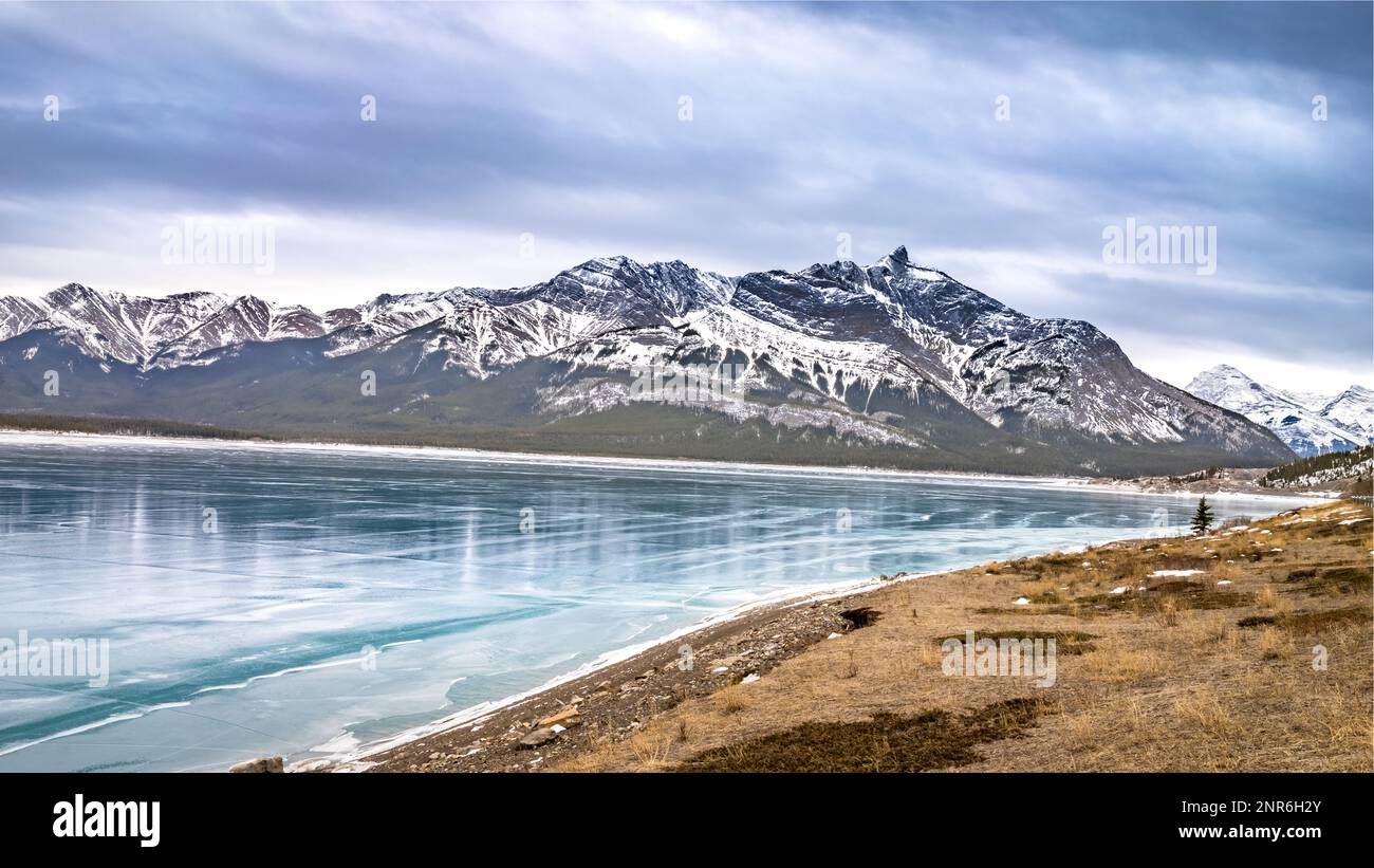 Frozen Abraham lake with clear ice landscape in winter season cloudy day , Alberta, Canada Stock Photo